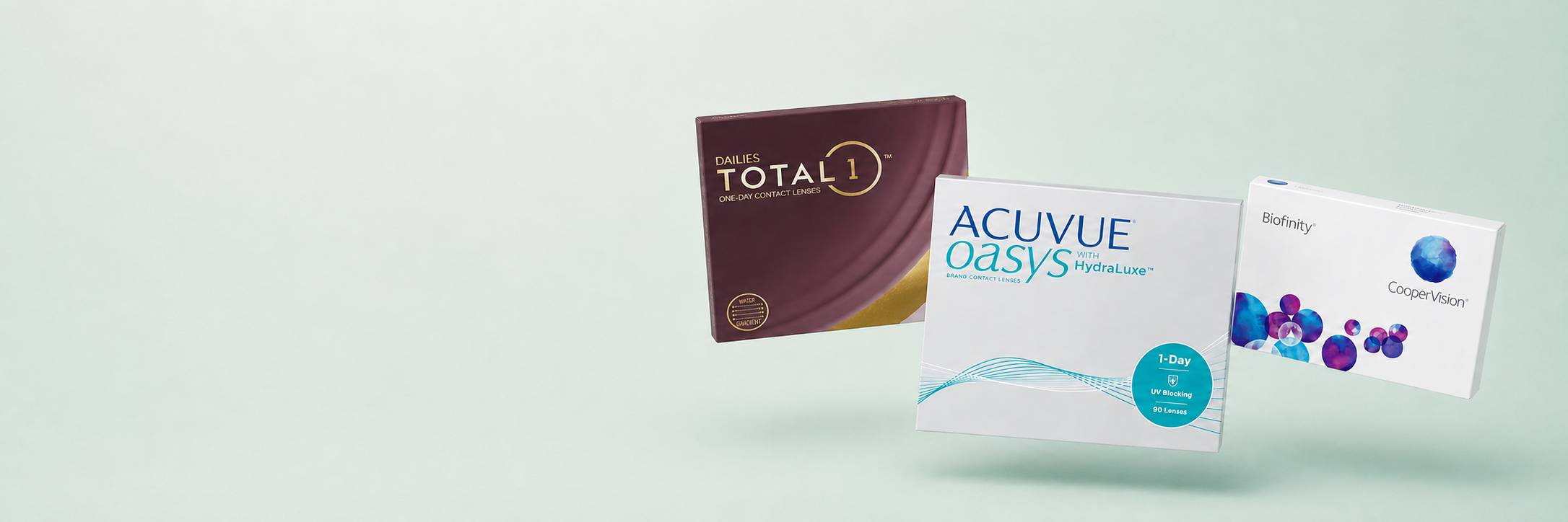 Floating boxes of ACUVUE OASYS 1-Day, DAILIES TOTAL1 and Biofinity contact lenses